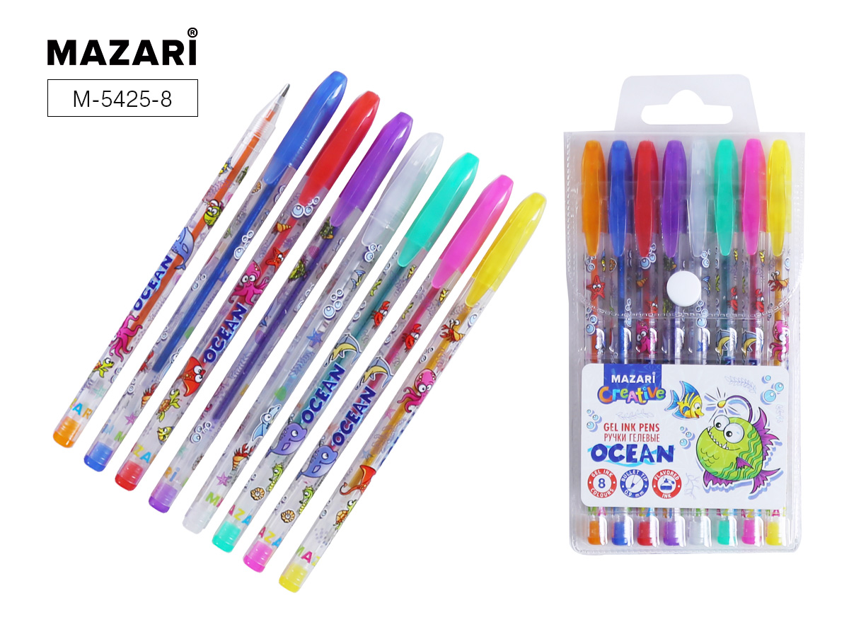 Набор ручек гелевых с блестками OCEAN, 8 цв., пулевидный пиш.узел 0.9мм, 90 шт/уп М-5425-8