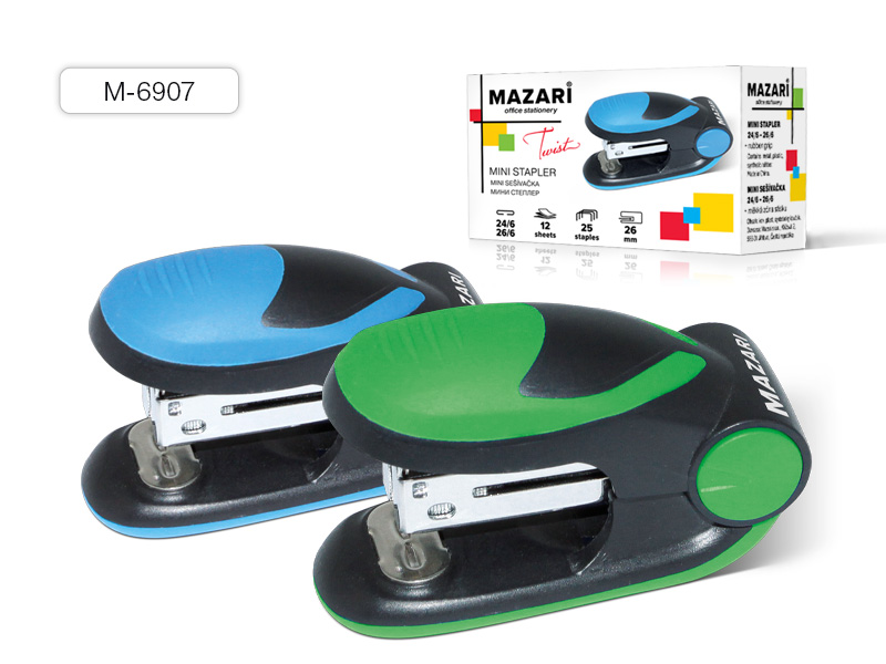 Степлер-мини №24/6-26-6, TWIST, 12 листов, ( черно-синий ) пластиковый 12 шт/уп М-6907