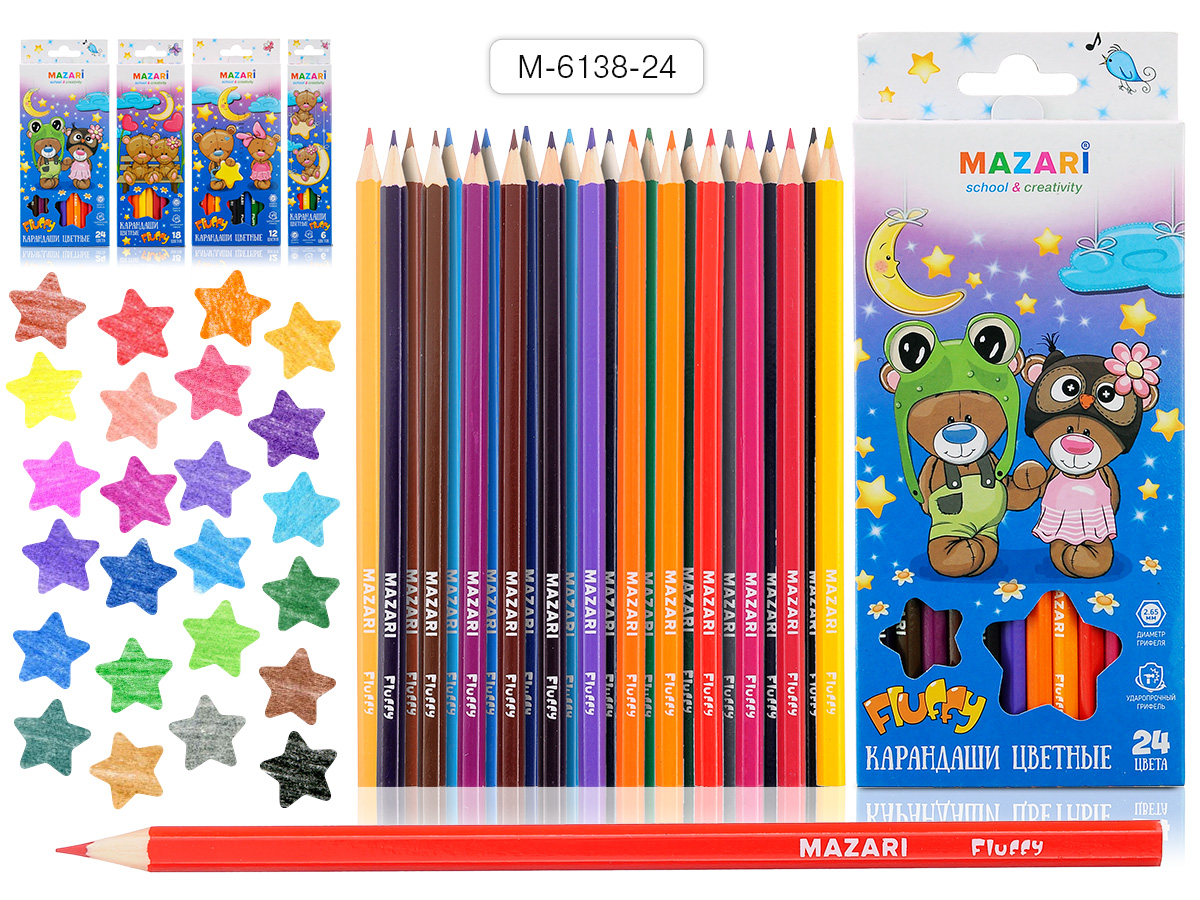 Карандаши цветные FLUFFY, 24цв., шестигранный корпус, d грифеля=2,65 мм 60 шт/уп М-6138-24