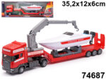 Машинка "SCANIA" пожарная с крюком погрузки,прицеп с катером 74687W-RUS