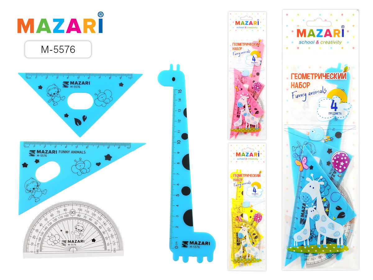 Набор чертеж. инстр FUNNY ANIMALS 4 пр (лин, угольник 2 шт, транспортир) пластик 12 шт/уп М-5576