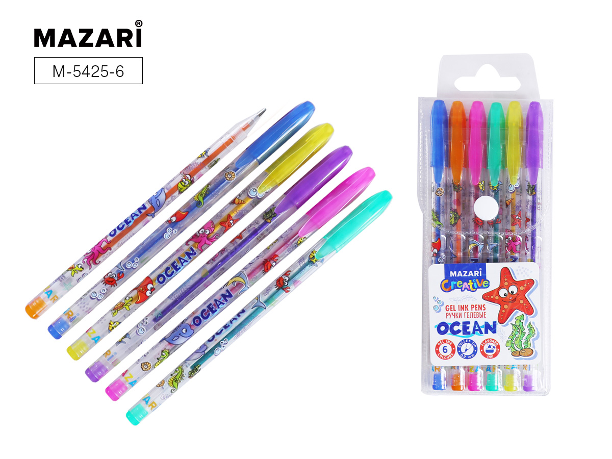 Набор ручек гелевых с блестками OCEAN, 6 цв., пулевидный пиш.узел 0.9мм, 90 шт/уп М-5425-6