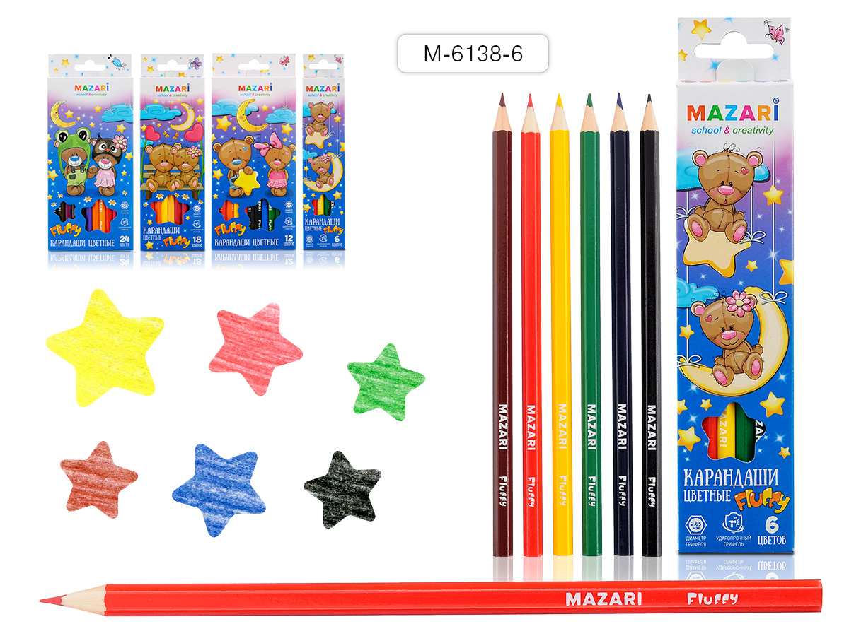 Карандаши цветные FLUFFY, 6цв., шестигранный корпус, d грифеля=2,65 мм, 24 шт/уп М-6138-6