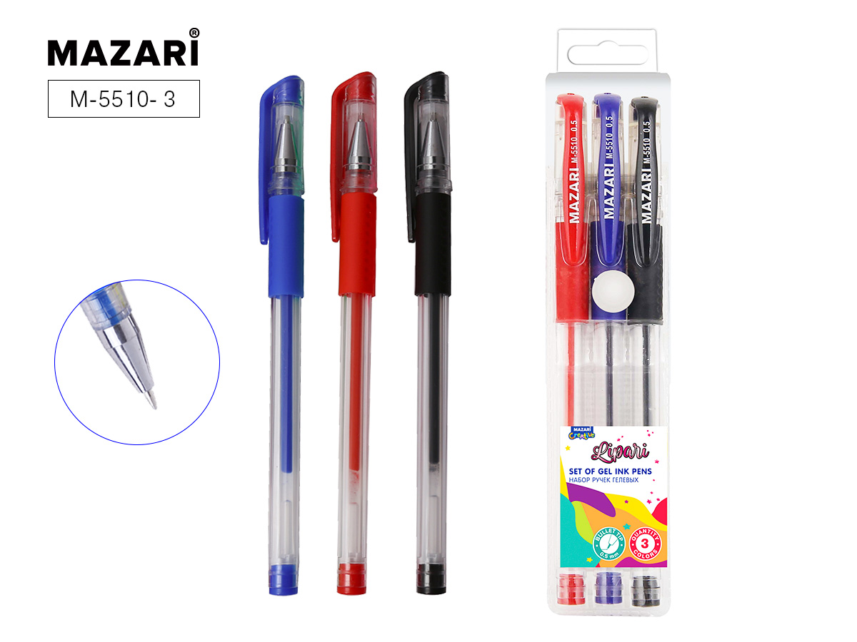 Набор ручек гелевых LIPARI, 3 цв., пулевидный пиш.узел 0.5мм,с резиновым грипом 20 шт/уп М-5510-3