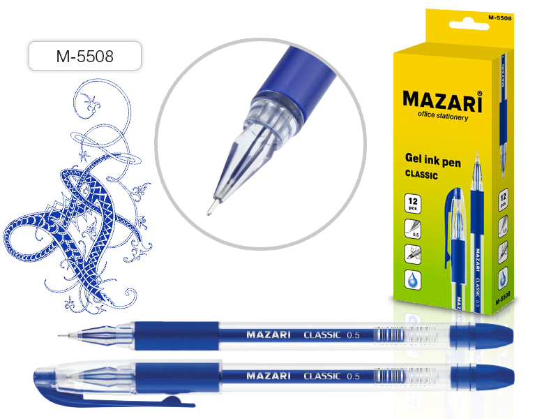 Ручка гел CLASSIC, СИНЯЯ, пулев пиш.узел 0.5мм, корпус пласт прозр, с рез грипом 576 шт/уп М-5508