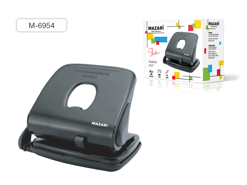 Дырокол, FORTE, 30 листов, ЧЕРНЫЙ, цельнометаллический с форматной линейкой 12 шт/уп М-6954