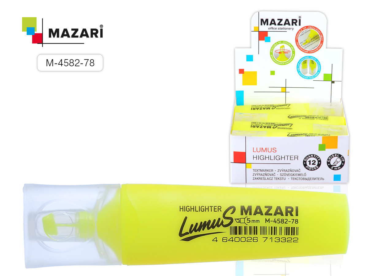 Текстовыделитель LUMUS, ЖЕЛТЫЙ, клиновидный пиш.узел 5 мм 12 шт/уп М-4582-78