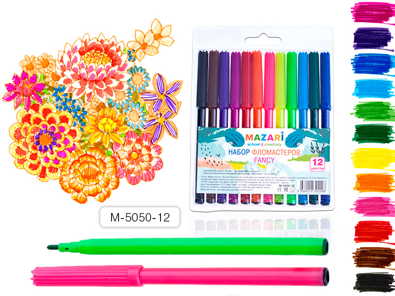 Фломастеры FANCY, 12цв., вентилируемый колпачок,ПВХ-упаковка 120 шт/уп М-5050-12