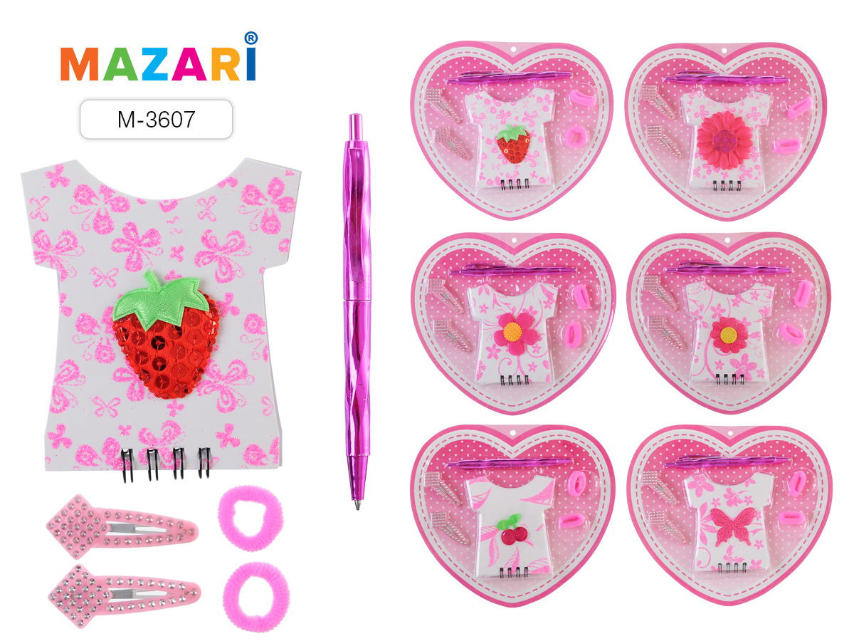 Набор подарочный : блокнот 40 л , ручка шар. заколка и резинки д/волос по 2 шт 5 шт/уп М-3607