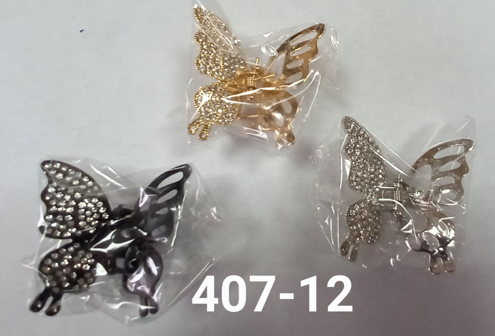 Краб металл Бабочка 4,5*4,5 см стразы черный/серебро/золото 12 шт/уп 407-12
