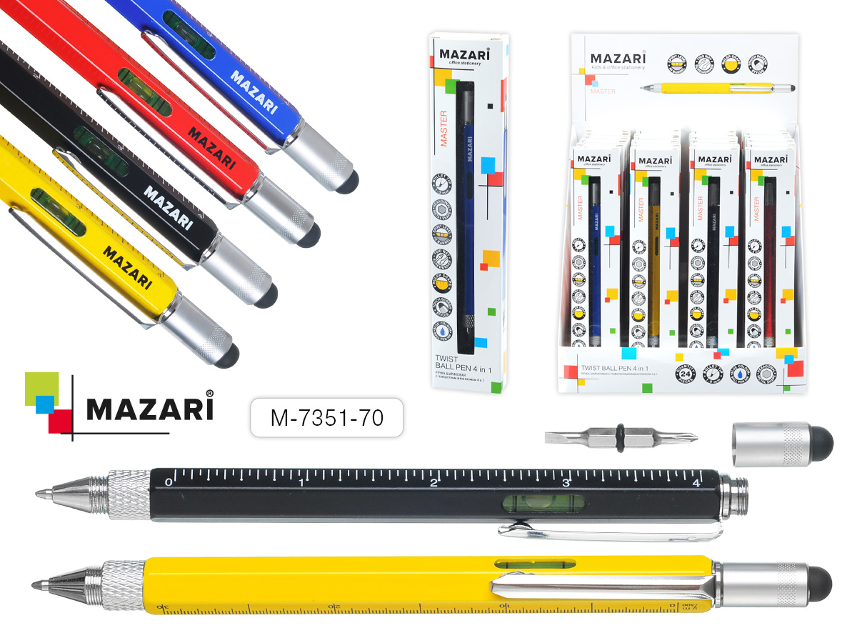 Ручка шар с повор мех MASTER, СИНЯЯ, 4 в 1,шестигранный метал корпус, линейка, уровень строительный на корпусе, двухсторонняя отвертка, стилус для сенс.экрана 24 шт/уп