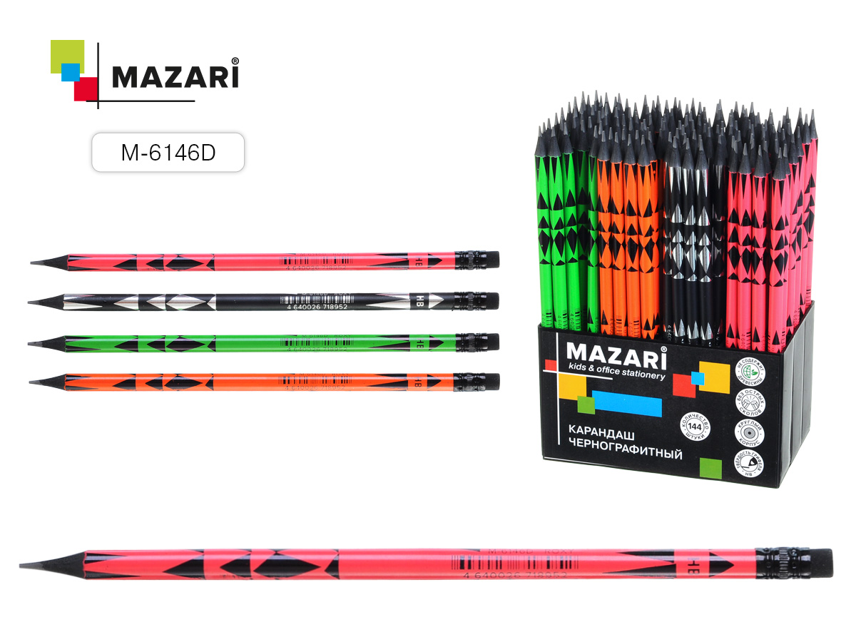 Карандаш чернографитный пластиковый DIVER , HB, с ластиком, шестигр. 72 шт/уп М-6114
