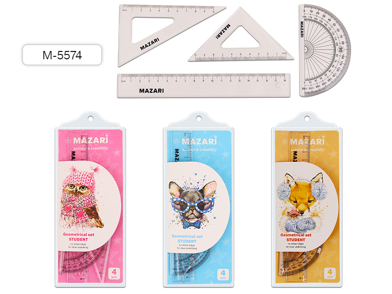 Набор чертеж. инстр 4 пр (линейка, угольник 2 шт, транспортир) пластик 240 шт/уп М-5575