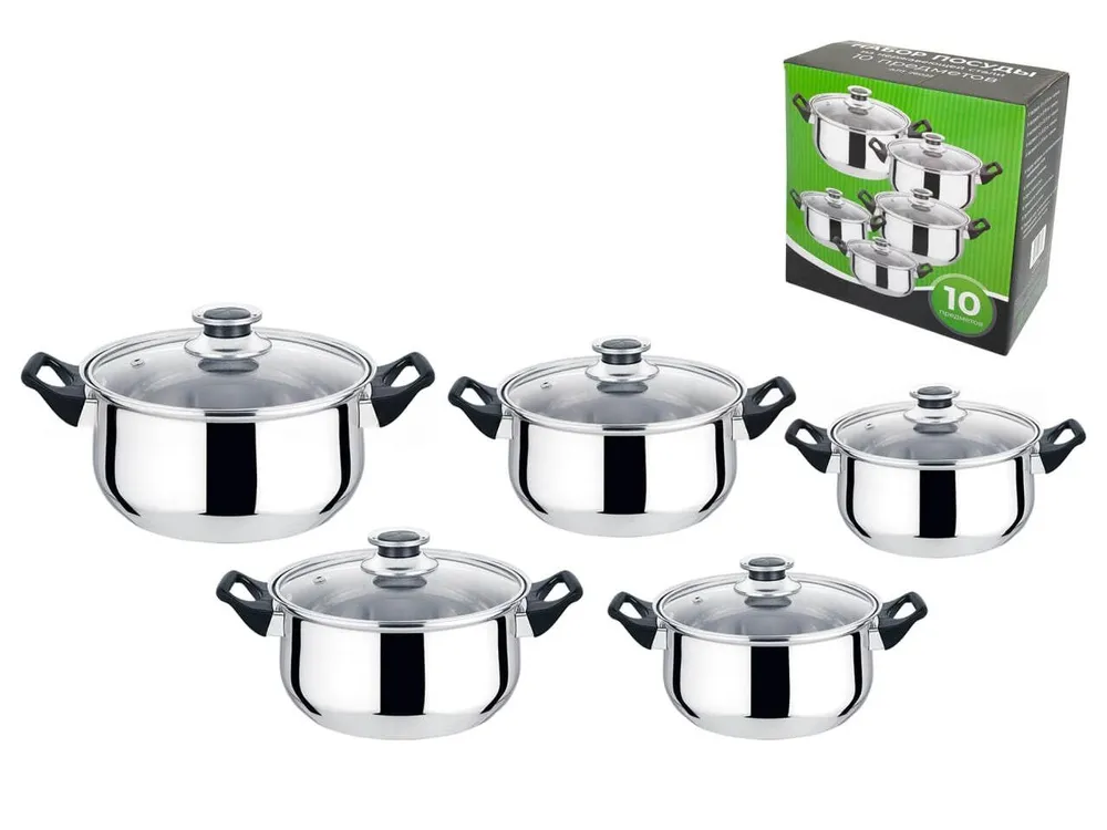 Кастрюля Набор 5 шт нержав. сталь( 1,5/2,0/2,5/3,0/5,0 л ) со стеклянной крышкой