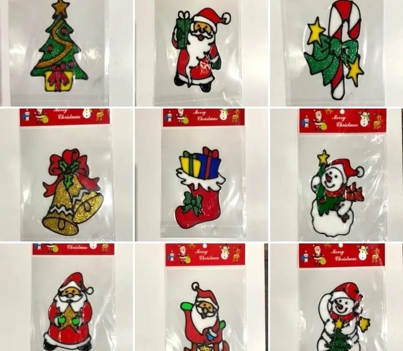 Наклейка (дед мороз,снеговики) новогодняя силиконовая на стекло ,лист15 см 12 шт/уп