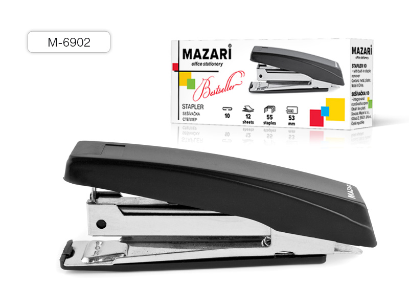 Степлер № 10, BESTSELLER, 12 листов, с антистеплером, ЧЕРНЫЙ, пластиковый корпус,М-6902