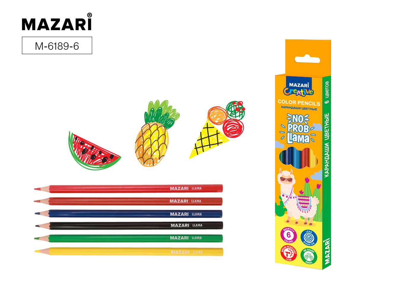 Карандаши цветные пластиковые LLAMA, 6цв., шестигранный корпус, d грифеля = 2.6 мм, М-6189-6