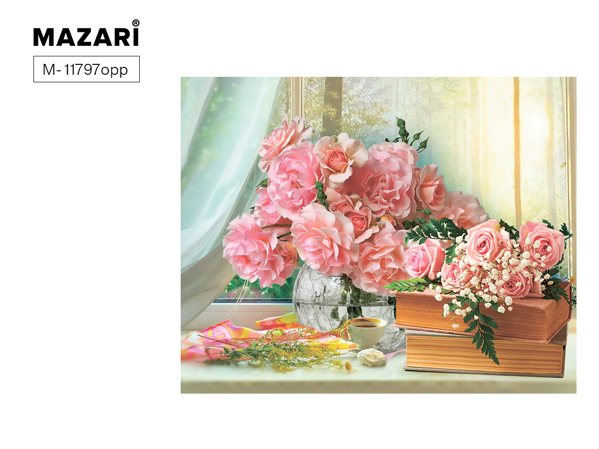 Алмазная мозаика РОЗЫ НА ПОДОКННИКЕ, 40х50 см, 1 дизайн, полная выкладка, термоусадочная пленка М-11