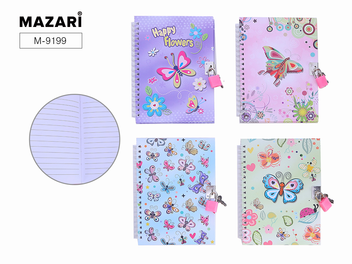 Блокнот 13х18 см БАБОЧКИ, 48 листов, с замочком, линованный внутренний блок М-9199