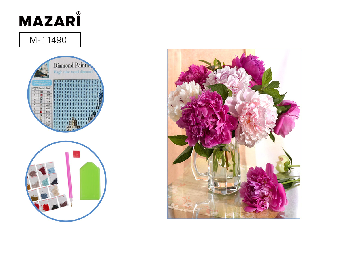 Алмазная мозаика ПИОНЫ, холст 25х30 см (размер выкладки 20х25 см), ОПП-упаковка М-11490