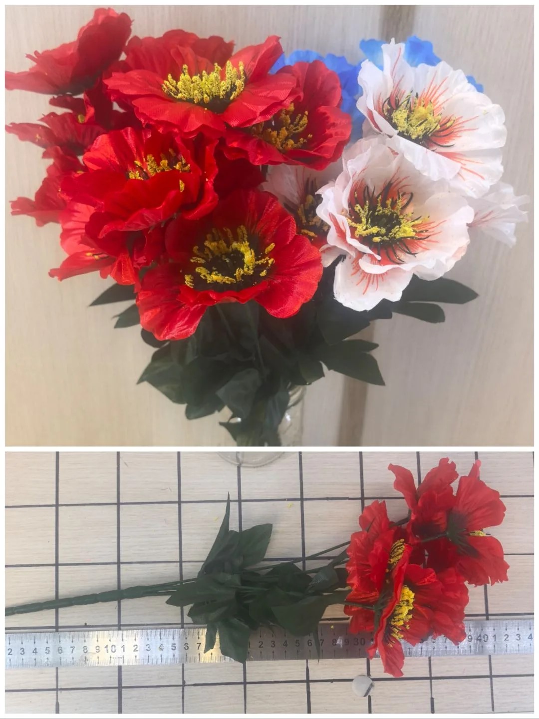 Маки 6 веток,однотонные,цвета в асс-те 40 см (4 шт в пакете) 40 шт/уп арт 3В